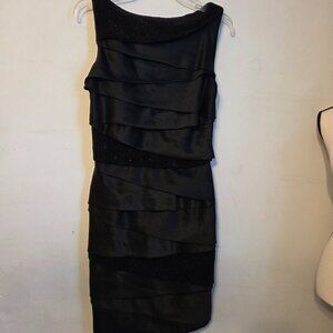 Alex Evening 10 Black Satin Layered Sleeveless Dress w/Side Zipper.